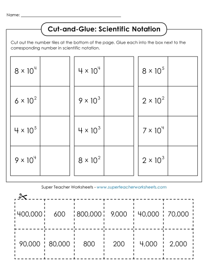Level: Basic Whole Numbers - Cut-and-Glue: Scientific Notation (Printable PDF Worksheet)