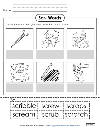 Worksheets - Cut and Glue (Scr- Words) (Printable PDF Worksheet)