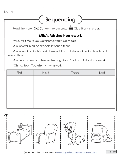 Sequencing Stories - Cut-and-Glue Sequencing Story:  Milo's Missing Homework (Printable PDF Worksheet)