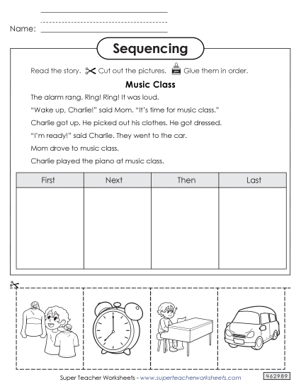 Sequencing Stories - Cut-and Glue Sequencing Story: Music Class (Printable PDF Worksheet)