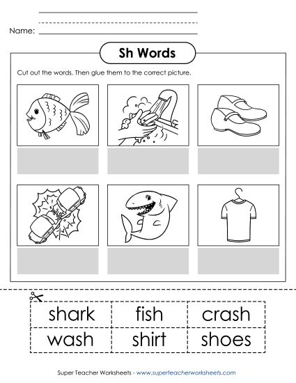 Cut and Glue Activities - Cut-and-Glue (Sh Words) (Printable PDF Worksheet)
