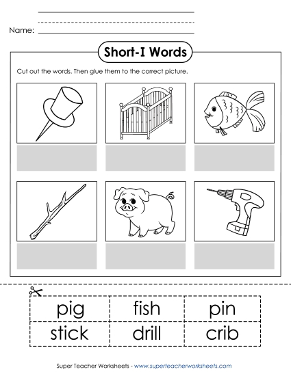 Cut & Glue Activities - Cut-and-Glue (Short I Words) (Printable PDF Worksheet)