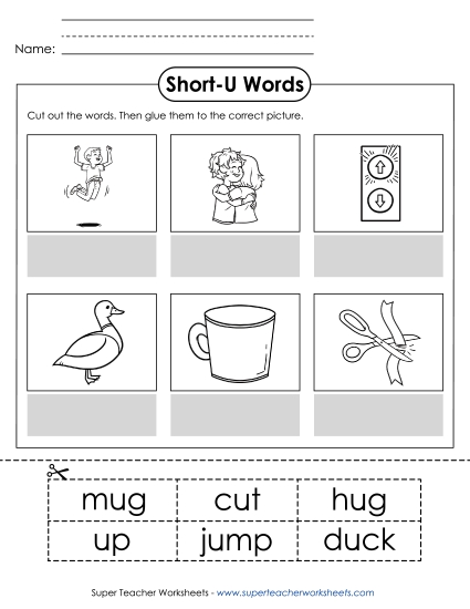 Cut & Glue Activities - Cut-and-Glue (Short U Words) (Printable PDF Worksheet)