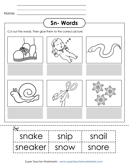 Cut and Glue Activities - Cut-and-Glue (Sn- Words)  (Printable PDF Worksheet)