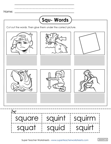 Cut-and-Glue Activities - Cut and Glue (Squ- Words) (Printable PDF Worksheet)