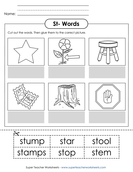 Cut and Glue Activities - Cut and Glue (St- Words) (Printable PDF Worksheet)