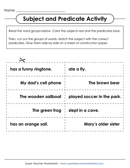 Subjects & Predicates - Cut & Glue Subject/Predicate Activity (Printable PDF Worksheet)