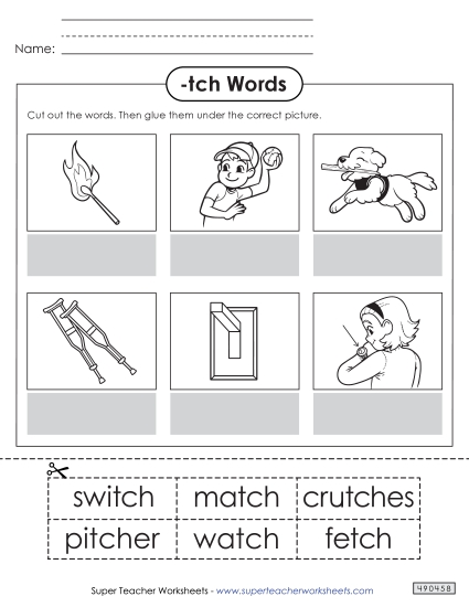 Cut-and-Glue Activities - Cut and Glue (-tch Words) (Printable PDF Worksheet)