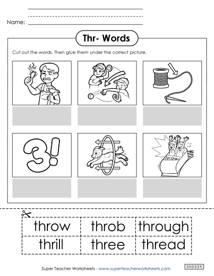Worksheets - Cut and Glue (Thr- Words) (Printable PDF Worksheet)