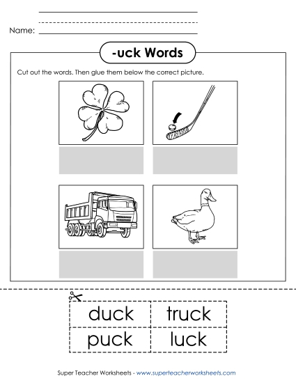 Worksheets - Cut and Glue (-uck) (Printable PDF Worksheet)