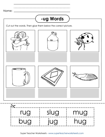 Worksheets - Cut and Glue (-ug) (Printable PDF Worksheet)