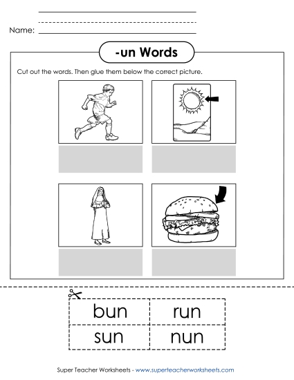 Worksheets - Cut and Glue (-un) (Printable PDF Worksheet)
