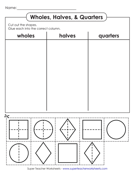 Halves & Quarters (Mixed) - Cut and Glue: Wholes, Halves, and Quarters (Printable PDF Worksheet)