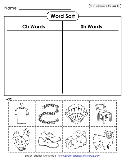 Ch and Sh Mixed - Cut-and-Glue Word Sort (Printable PDF Worksheet)