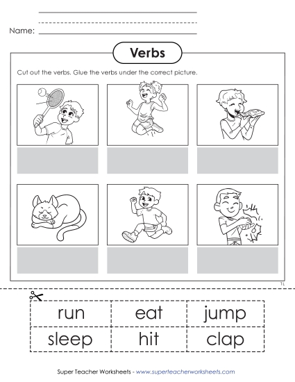 Basic Action Verbs - Cut & Paste Action Verbs (Printable PDF Worksheet)