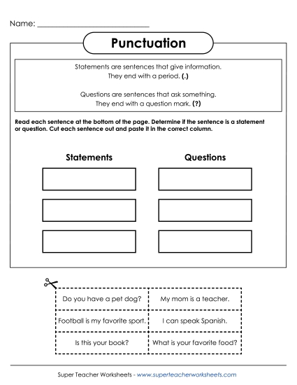 Periods, Question Marks, Exclamation Points - Cut and Paste Punctuation 1 (Printable PDF Worksheet)