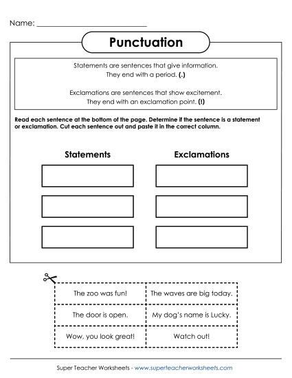 Periods, Question Marks, Exclamation Points - Cut and Paste Punctuation 2 (Printable PDF Worksheet)