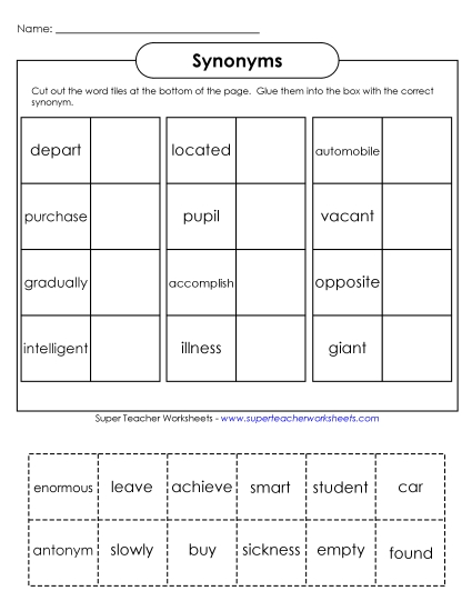 Synonyms - Cut & Glue Synonyms (Intermediate) (Printable PDF Worksheet)