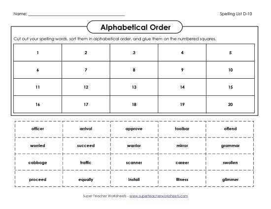 Alphabetical Order - Cut n' Glue (D-10) (Printable PDF Worksheet)