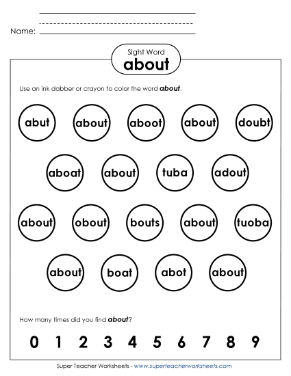 Dab or Color: About (Printable PDF Worksheet)