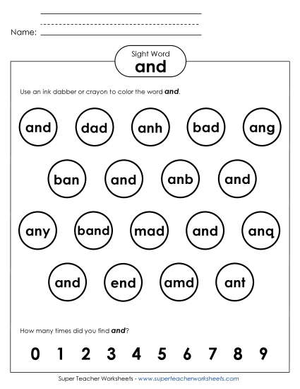 Dab or Color: And (Printable PDF Worksheet)
