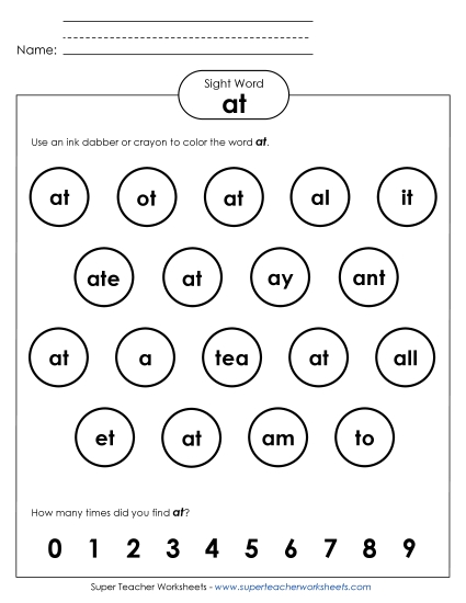 Dab or Color: At (Printable PDF Worksheet)