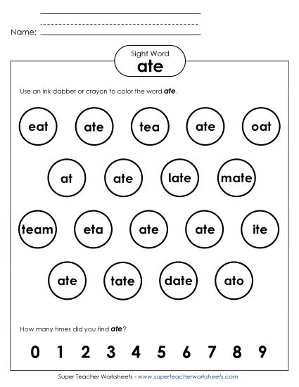 Dab or Color: Ate (Printable PDF Worksheet)