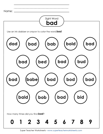 Dab or Color: Bad (Printable PDF Worksheet)