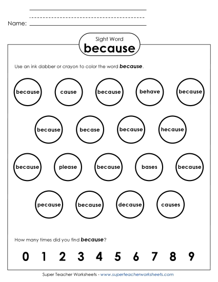 Dab or Color: Because (Printable PDF Worksheet)