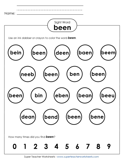 Dab or Color: Been (Printable PDF Worksheet)