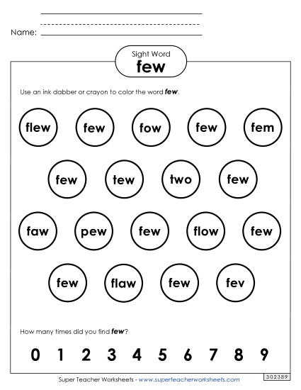 Dab or Color: Few (Printable PDF Worksheet)