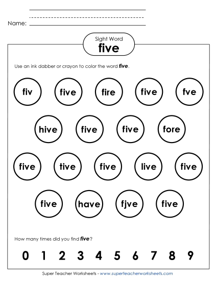 Dab or Color: Five (Printable PDF Worksheet)