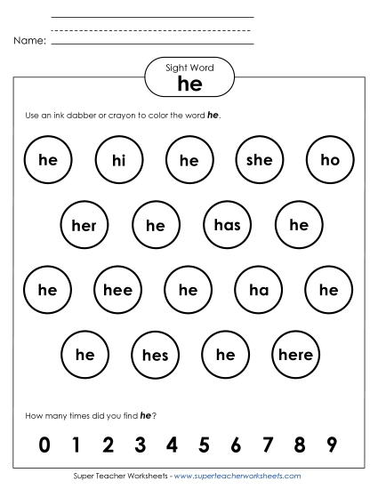 Dab or Color: He (Printable PDF Worksheet)
