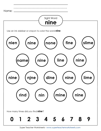 Dab or Color: Nine (Printable PDF Worksheet)
