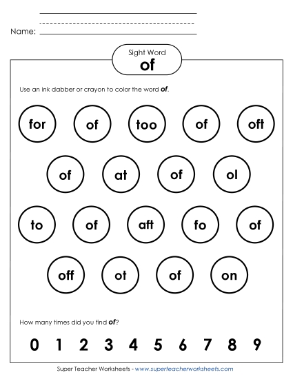 Dab or Color: Of (Printable PDF Worksheet)