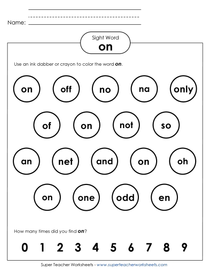 Dab or Color: On (Printable PDF Worksheet)