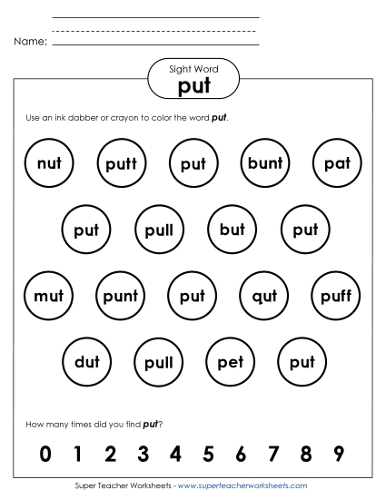 Dab or Color: Put (Printable PDF Worksheet)