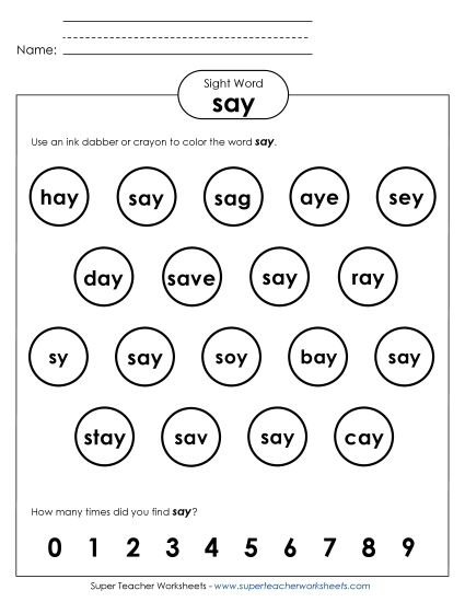 Dab or Color: Say (Printable PDF Worksheet)