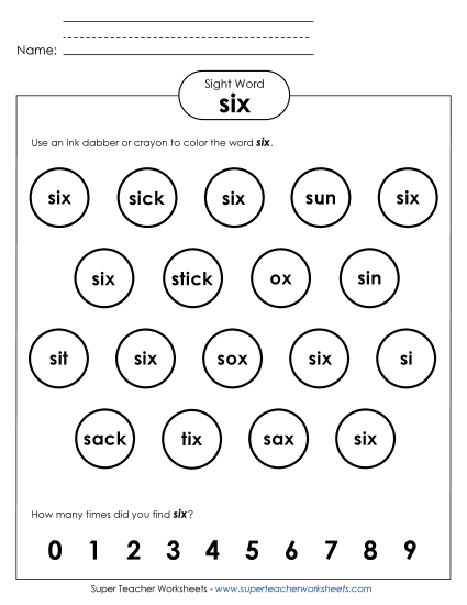Dab or Color: Six (Printable PDF Worksheet)