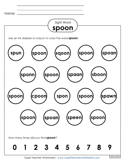 Dab or Color: Spoon (Printable PDF Worksheet)