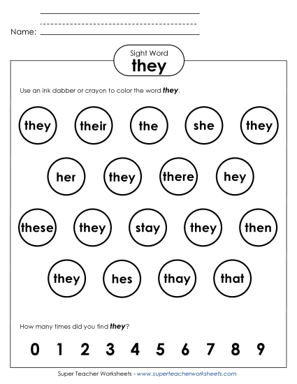 Dab or Color: They (Printable PDF Worksheet)