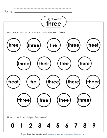 Dab or Color: Three (Printable PDF Worksheet)