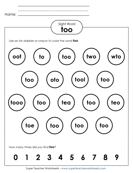 Dab or Color: Too (Printable PDF Worksheet)