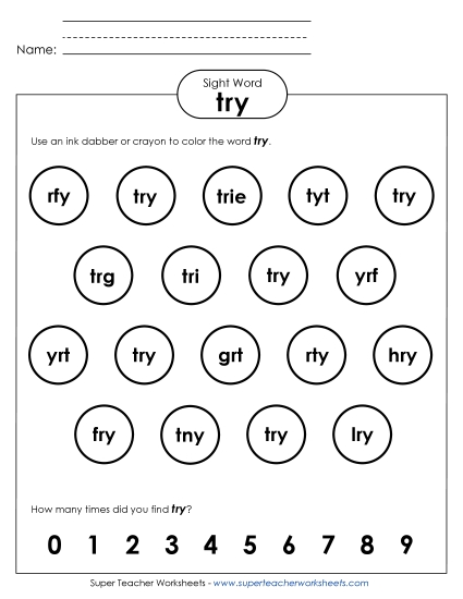 Dab or Color: Try (Printable PDF Worksheet)