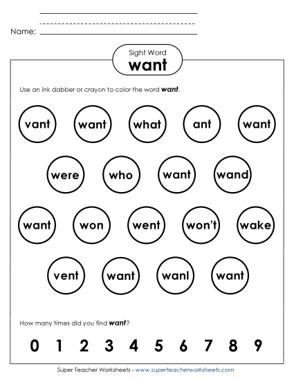 Dab or Color: Want (Printable PDF Worksheet)