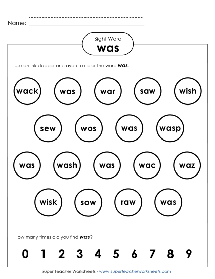 Dab or Color: Was (Printable PDF Worksheet)