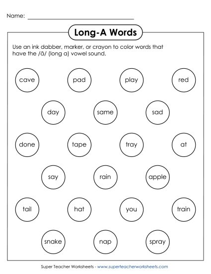 Worksheets - Dabber Activity (Long A Words) (Printable PDF Worksheet)