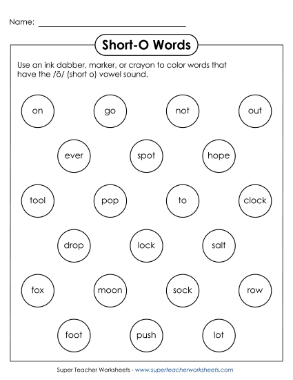 Worksheets - Dabber Activity (Short O Words) (Printable PDF Worksheet)