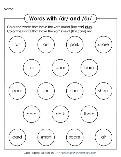 Two Sounds of <i>ar</i> /är/ and /âr/ - Dabber Circles: /är/ and /âr/ (Printable PDF Worksheet)