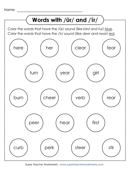 Worksheets - Dabber Circles: /ûr/ and / îr/ (Printable PDF Worksheet)